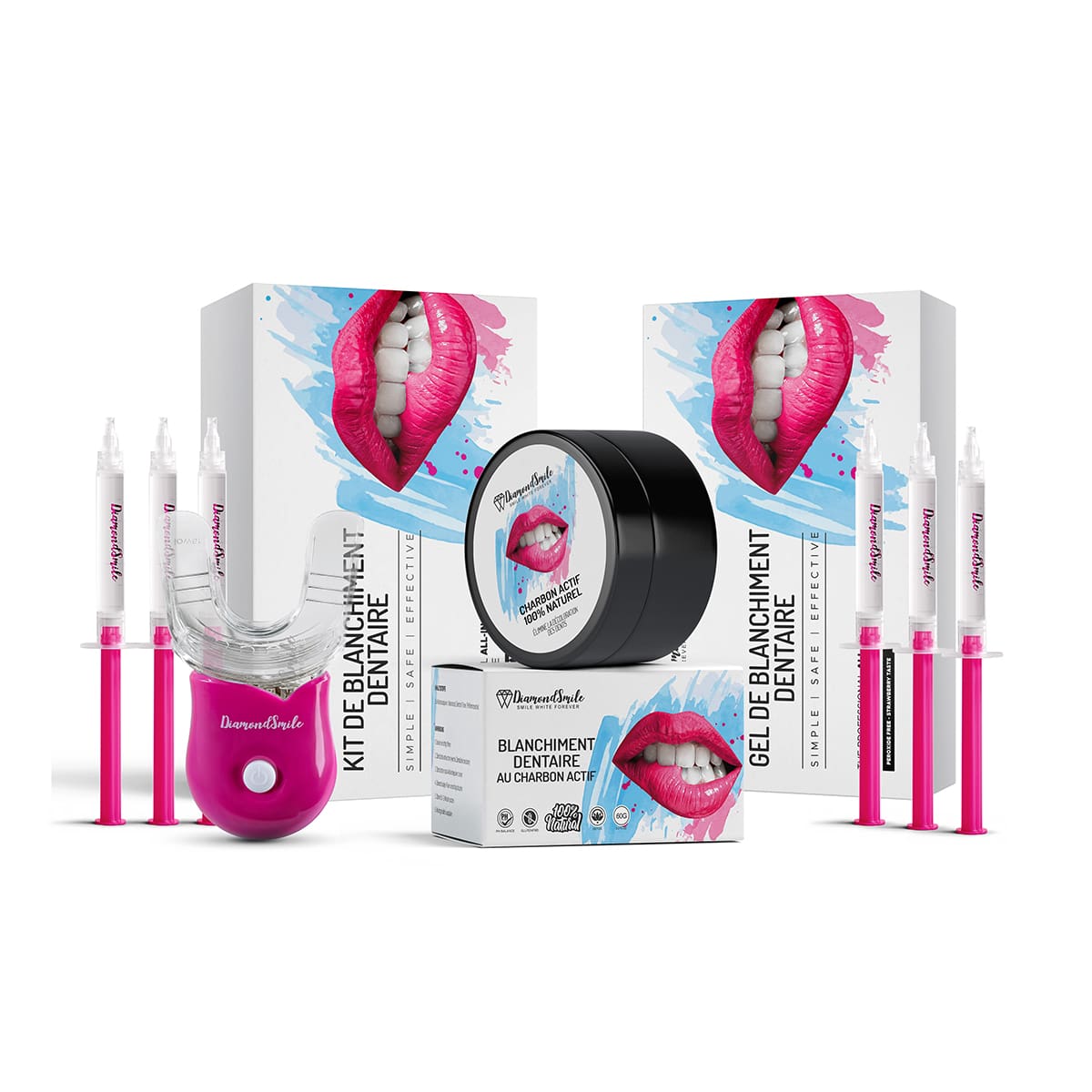 Kit de blanchiment des dents Diamond Smile avec gel de blanchiment et charbon actif sur fond blanc.