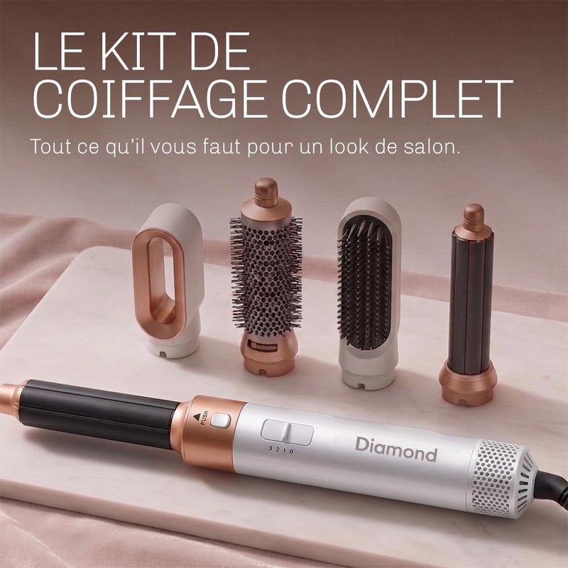 Air Styler 5 en 1 Diamond CloudAir avec cinq accessoires interchangeables pour un coiffage polyvalent.