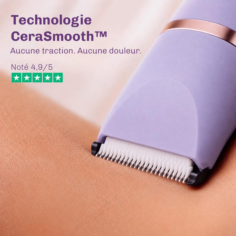 Tondeuse avec lames en céramique offrant une coupe précise sans tiraillement ni irritation de la peau.