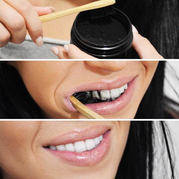 Utilisation par une femme de la poudre de charbon actif Coco Powder pour le blanchiment des dents Diamond Smile